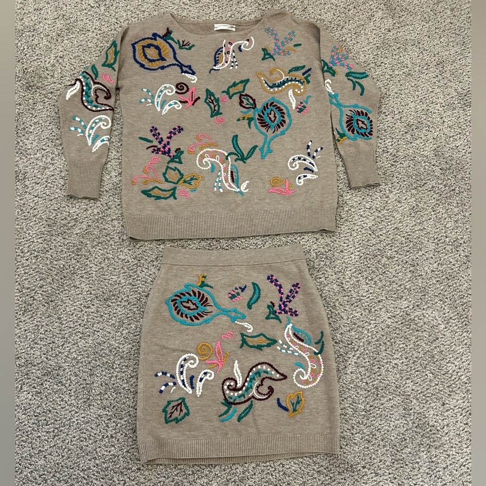 Anthropologie Multicolor Embroidered Skirt Set